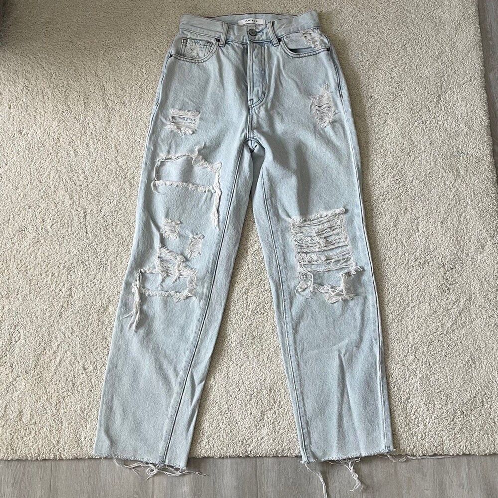 PacSun Womens 23 High Rise Straight Leg Distressed Light Wash Jeans Raw Hem